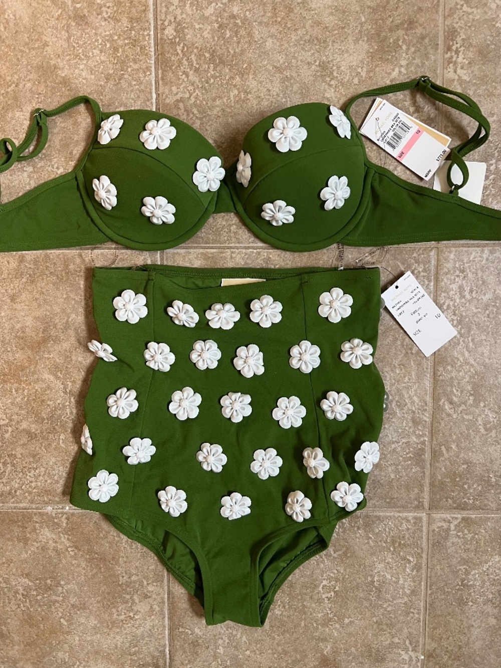 MICHAEL KORS 2 piece SWIMSUIT Retro pin-up green underwire bra set $771.00 sz10